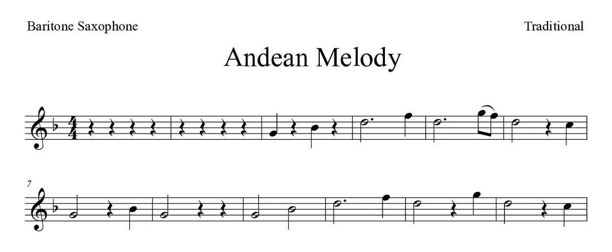 Partitura de Andean Melody para saxofón barítono, primeras líneas