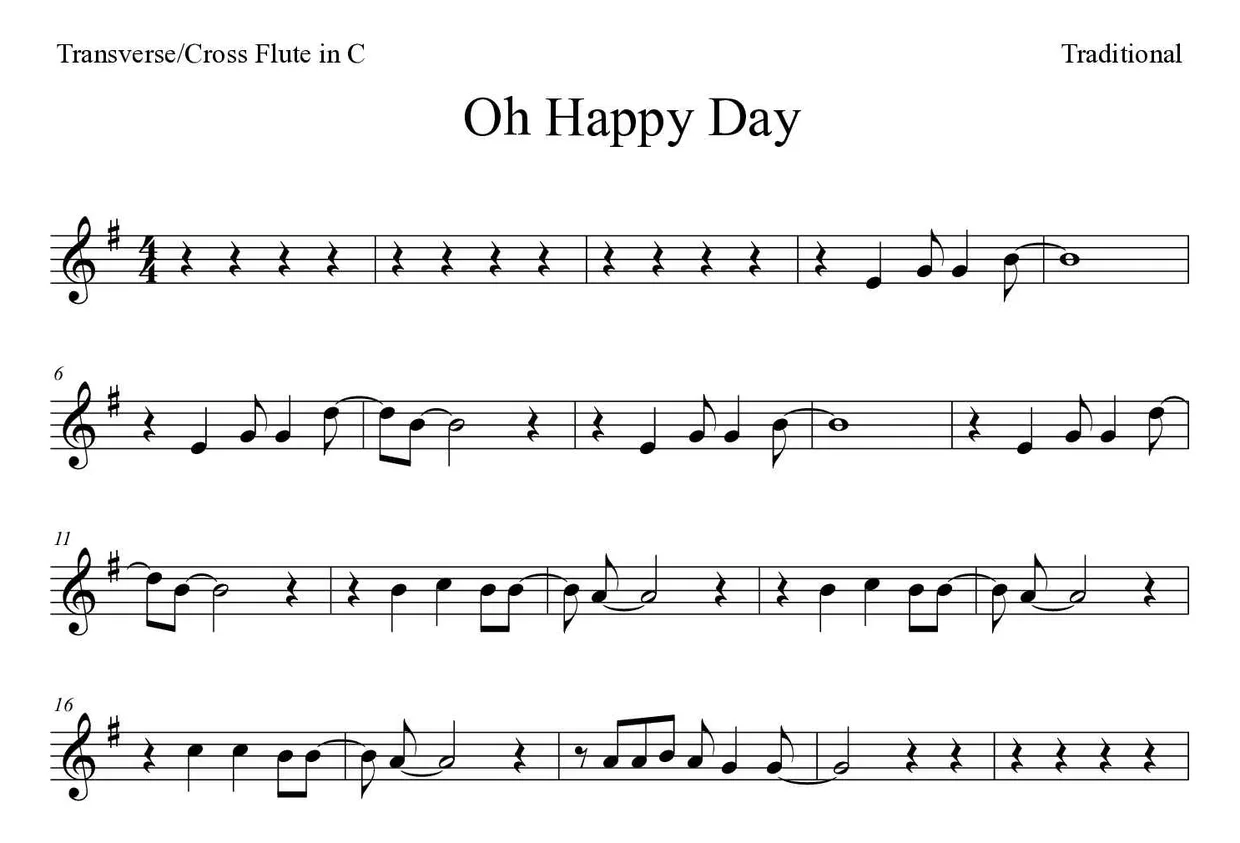 Partitura de Oh Happy Day para flauta traversa, primeras líneas