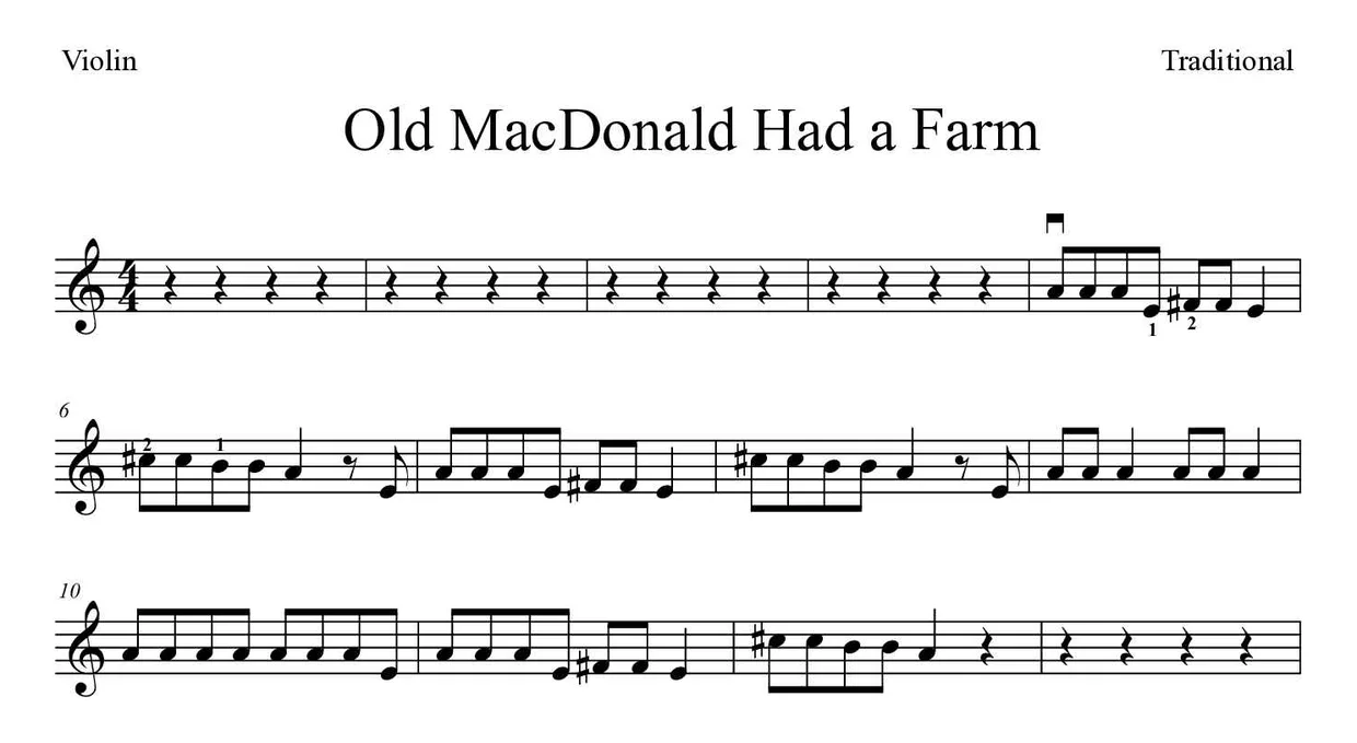 ‘Old MacDonald Had a Farm’ Violin 악보의 첫 몇 줄