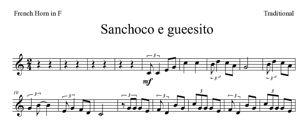 Partitura de Sanchoco e gueesito para trompa, primeras líneas