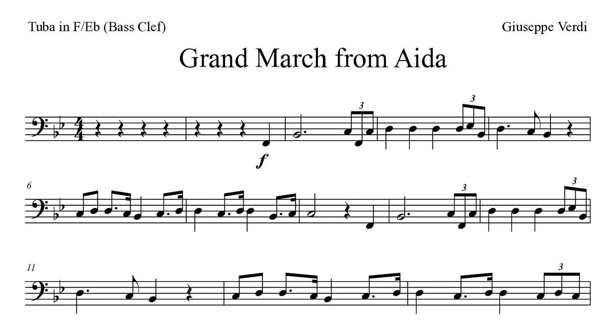‘Grand March from Aida’ Tuba in F/Eb (Bass Clef) 악보의 첫 몇 줄