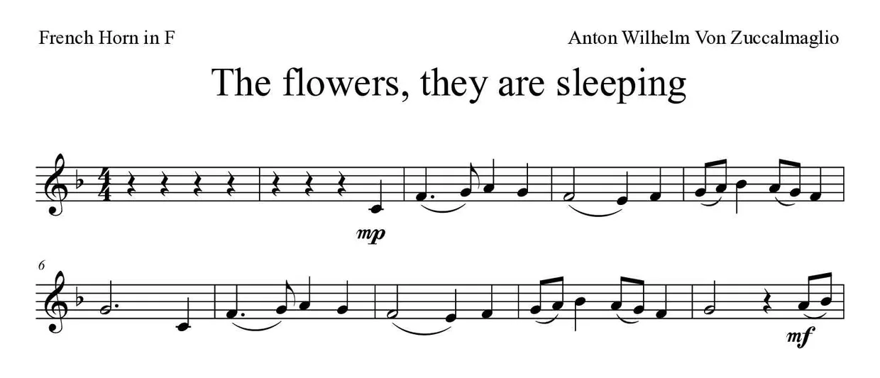 ‘The flowers, they are sleeping’ French Horn 악보의 첫 몇 줄