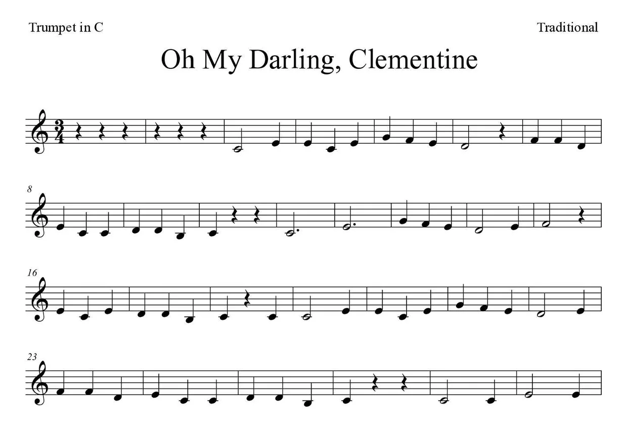 Bladmuziek van Oh My Darling, Clementine voor trumpet in C, eerste regels