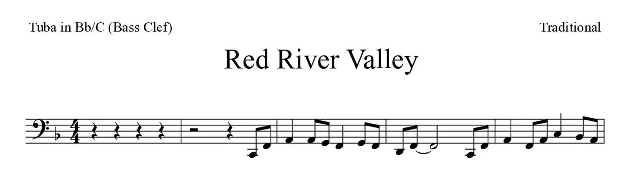 Partitura de Red River Valley para tuba en Sib/Do (clave de Fa), primeras líneas