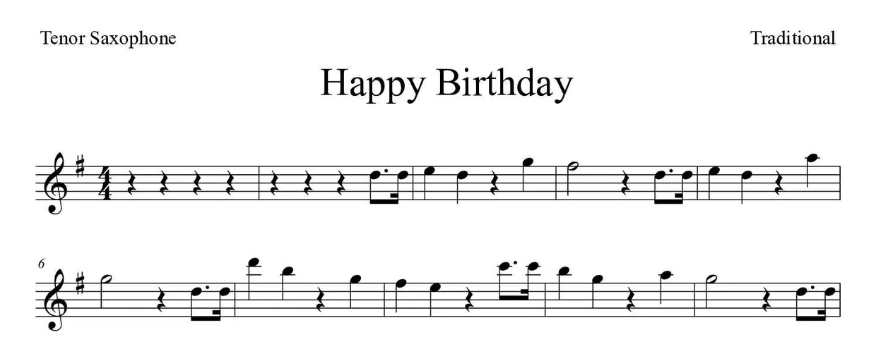 Spartito di Happy Birthday per tenor saxophone, prime righe