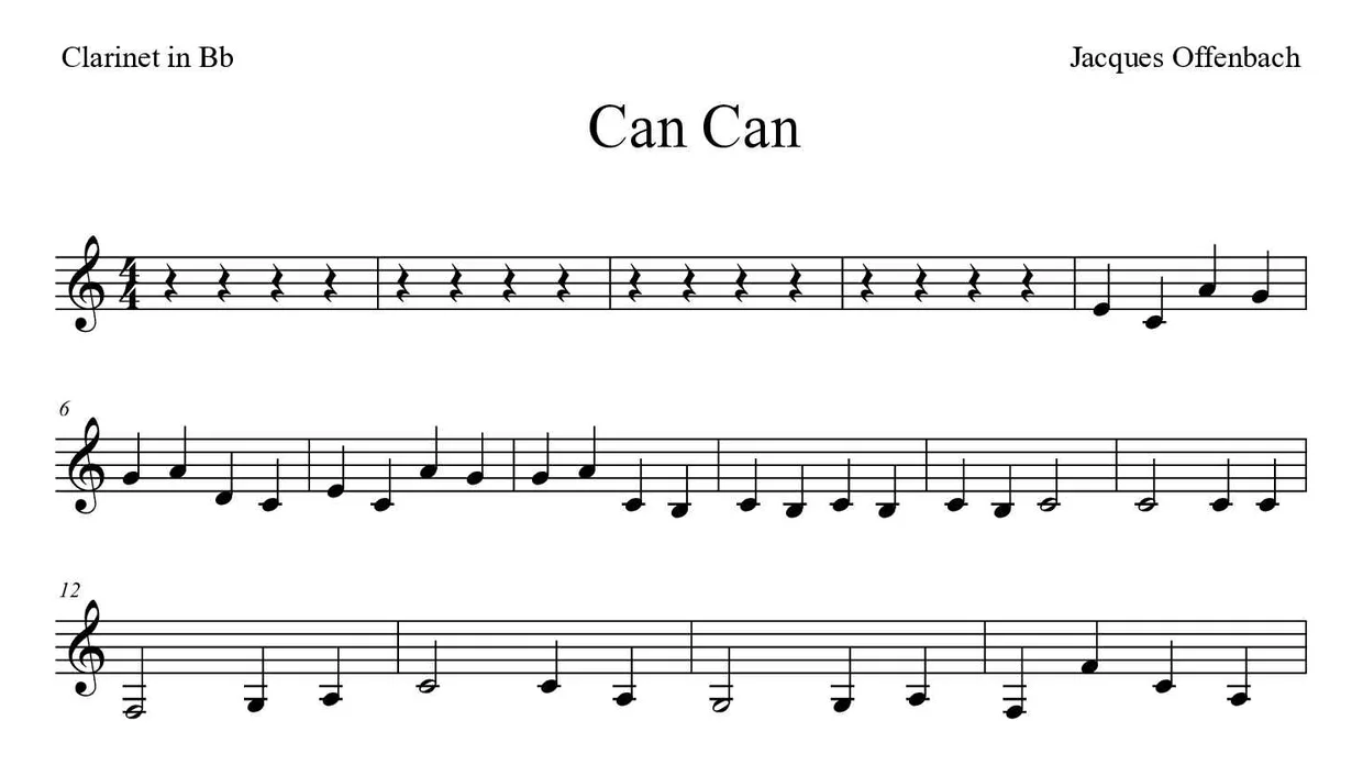 Partitura de Can Can para clarinete, primeras líneas