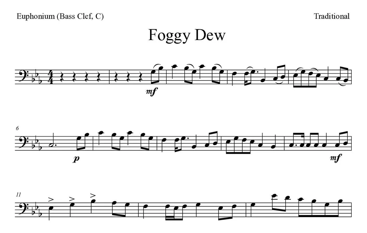 Sheet music of Foggy Dew for euphonium (bass clef, C) (Medium), first lines