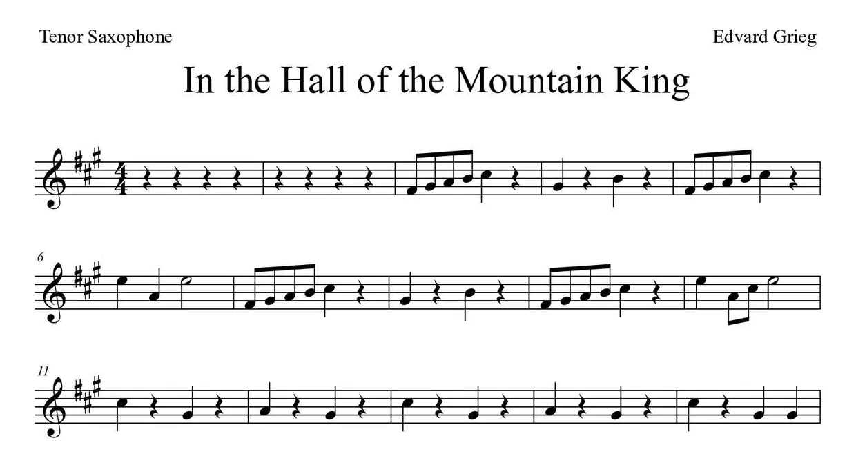 「In the Hall of the Mountain King」Tenor Saxophone用楽譜の最初の数段