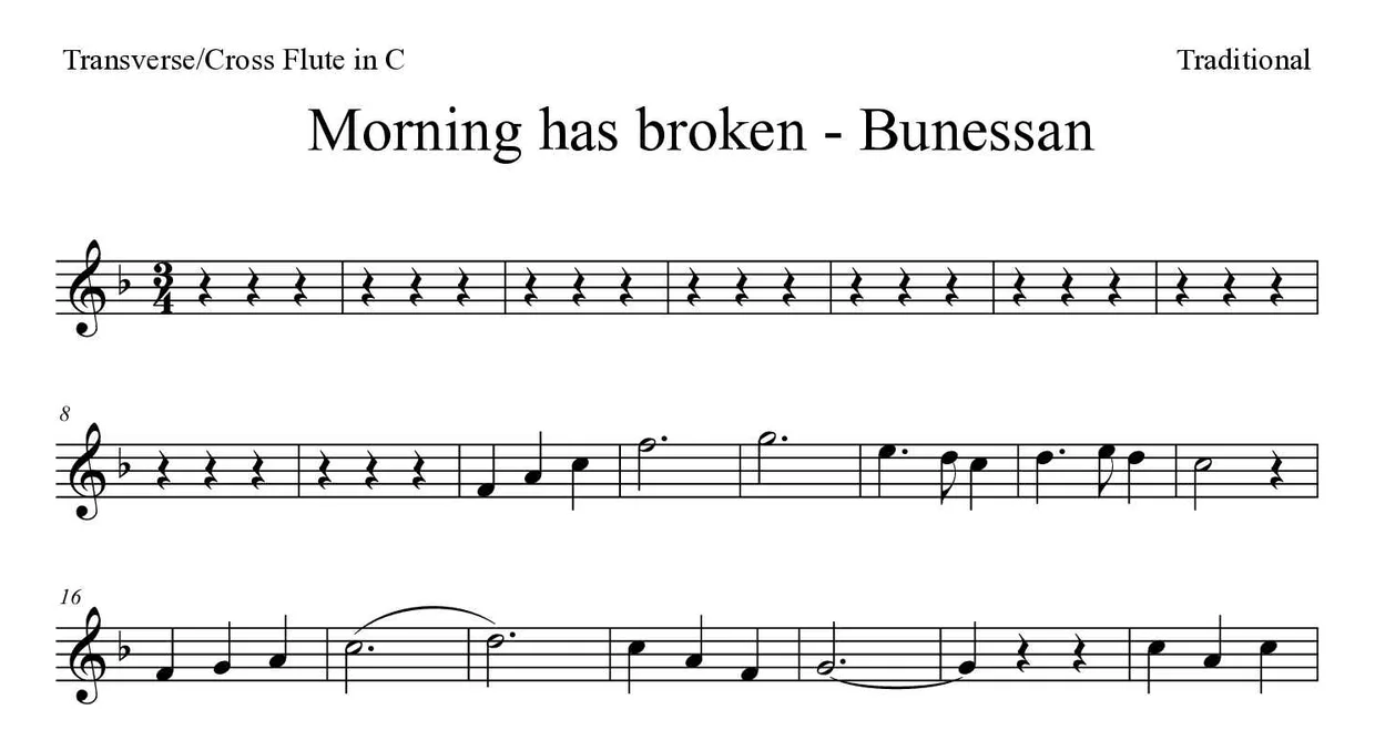 Noten von Morning has broken - Bunessan für Querflöte (Einfach), erste Zeilen
