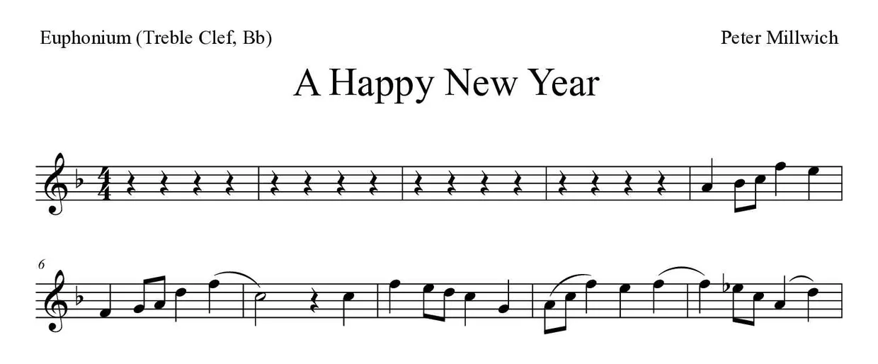 Sheet music of A Happy New Year for euphonium (treble clef, Bb) (Hard), first lines