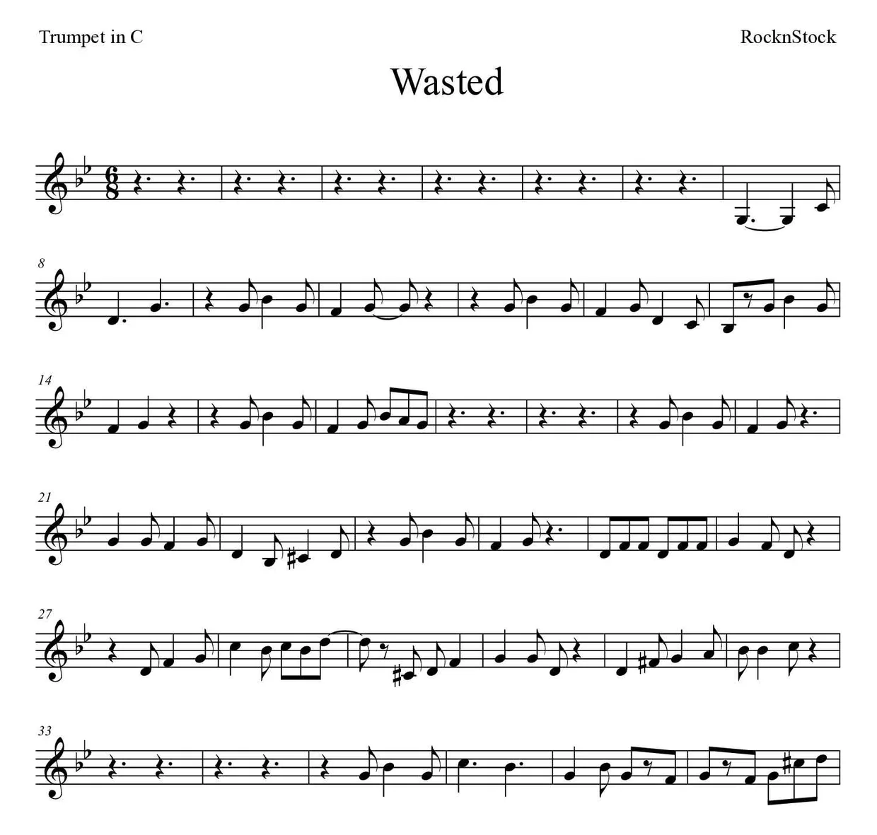 Spartito di Wasted per trumpet in C, prime righe