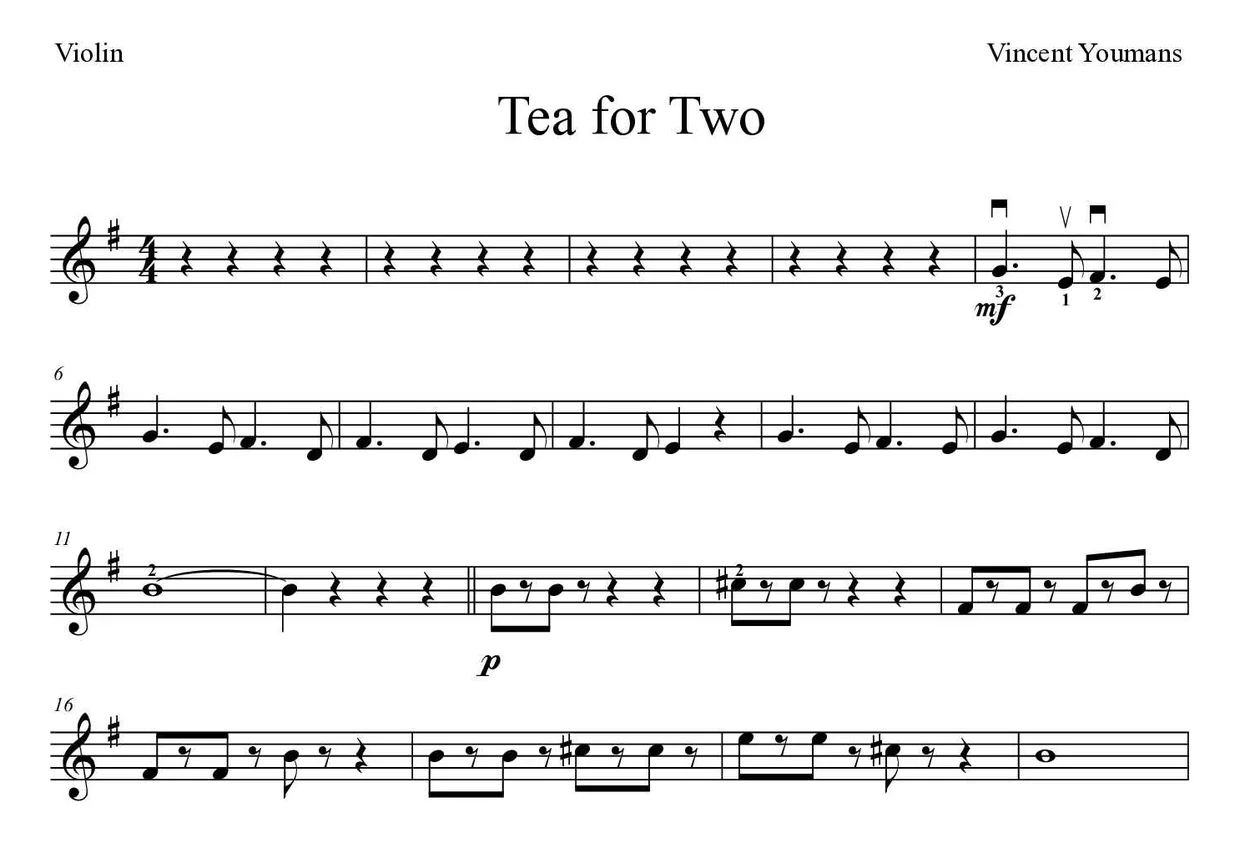 Partition de Tea for Two pour violon, premières lignes