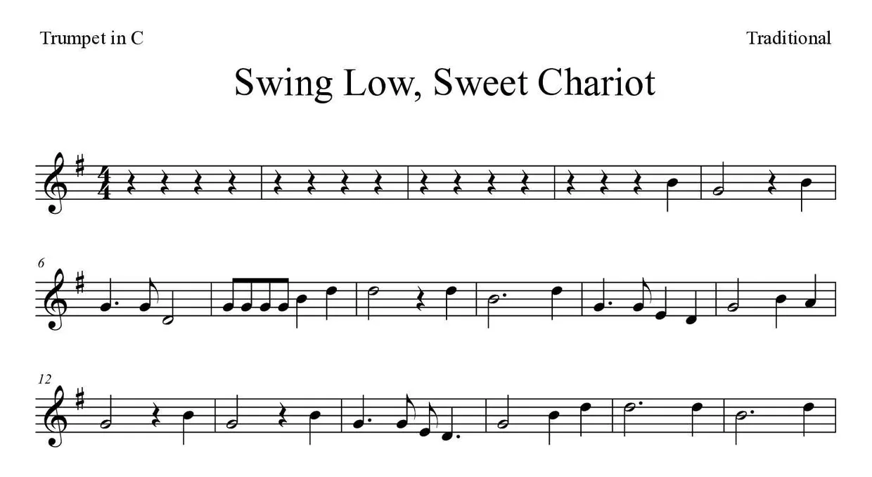 Partitura de Swing Low, Sweet Chariot para trompeta en Do, primeras líneas