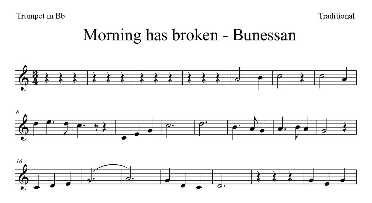 Sheet music of Morning has broken - Bunessan for trumpet in Bb (Hard), first lines