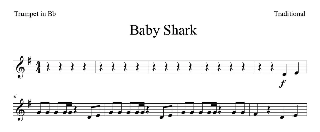 Partition de Baby Shark pour trompette en si bémol, premières lignes