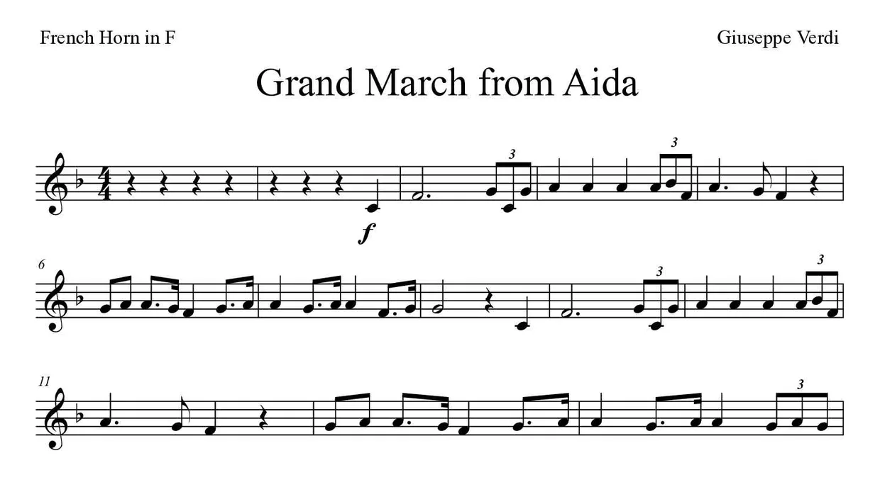 Sheet music of Grand March from Aida for French horn (Medium), first lines
