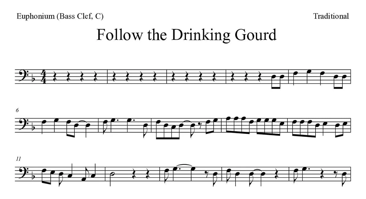 Partitura de Follow the Drinking Gourd para bombardino (clave de Fa, C), primeras líneas