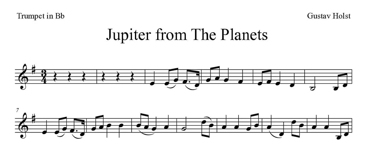 「Jupiter from The Planets」Trumpet in Bb用楽譜の最初の数段