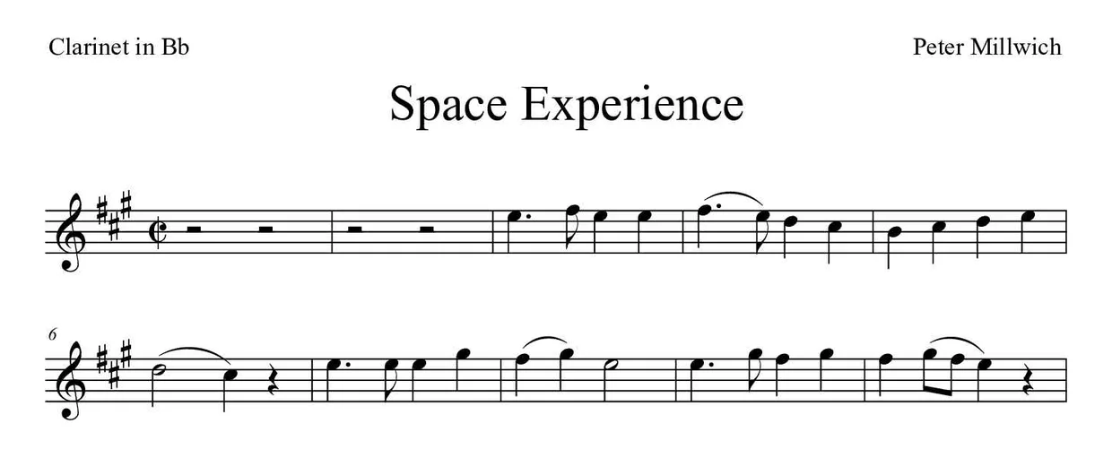 Partitura de Space Experience para clarinete, primeras líneas