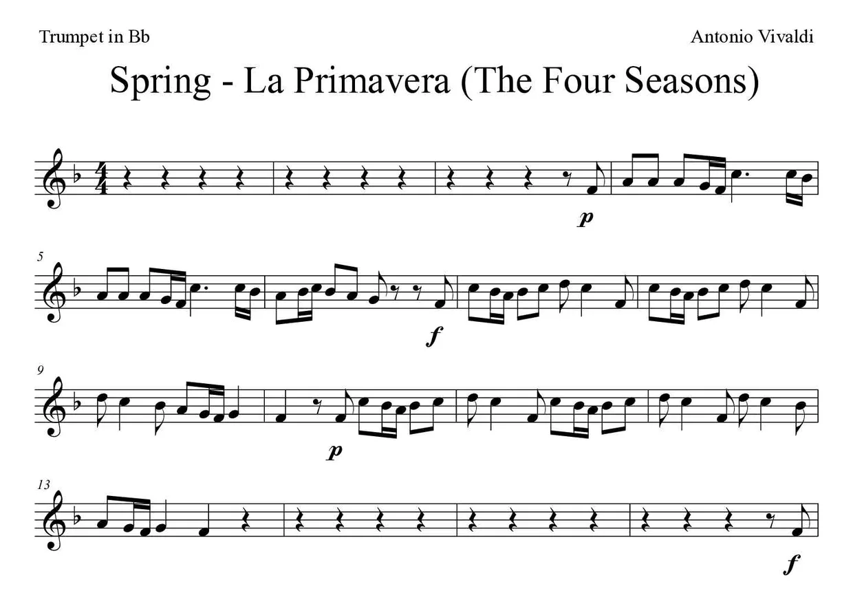 Spartito di Spring - La Primavera (The Four Seasons) per trumpet in Bb, prime righe