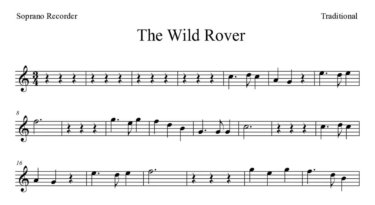 Partitura de The Wild Rover para flauta de bisel, primeiras linhas