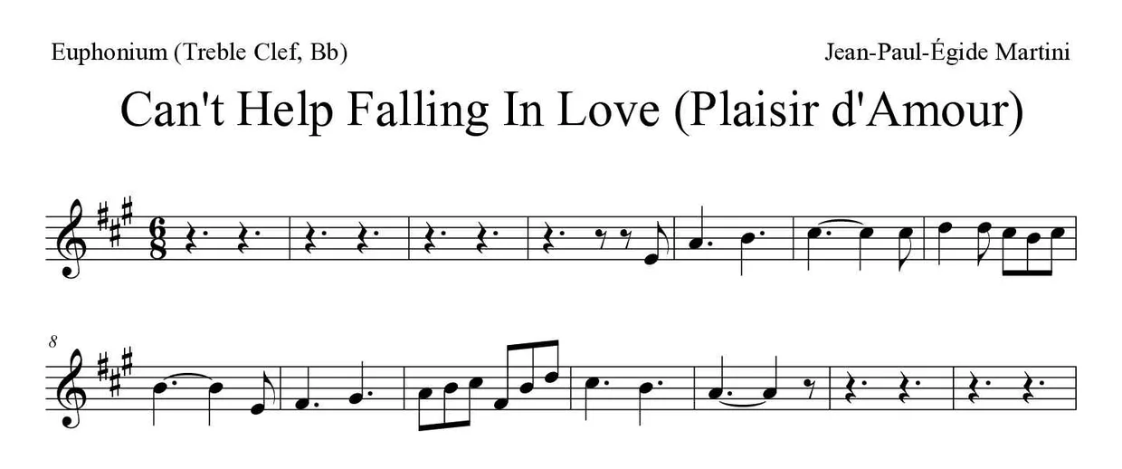 ‘Can't Help Falling In Love (Plaisir d'Amour)’ Euphonium (Treble Clef, Bb) 악보의 첫 몇 줄
