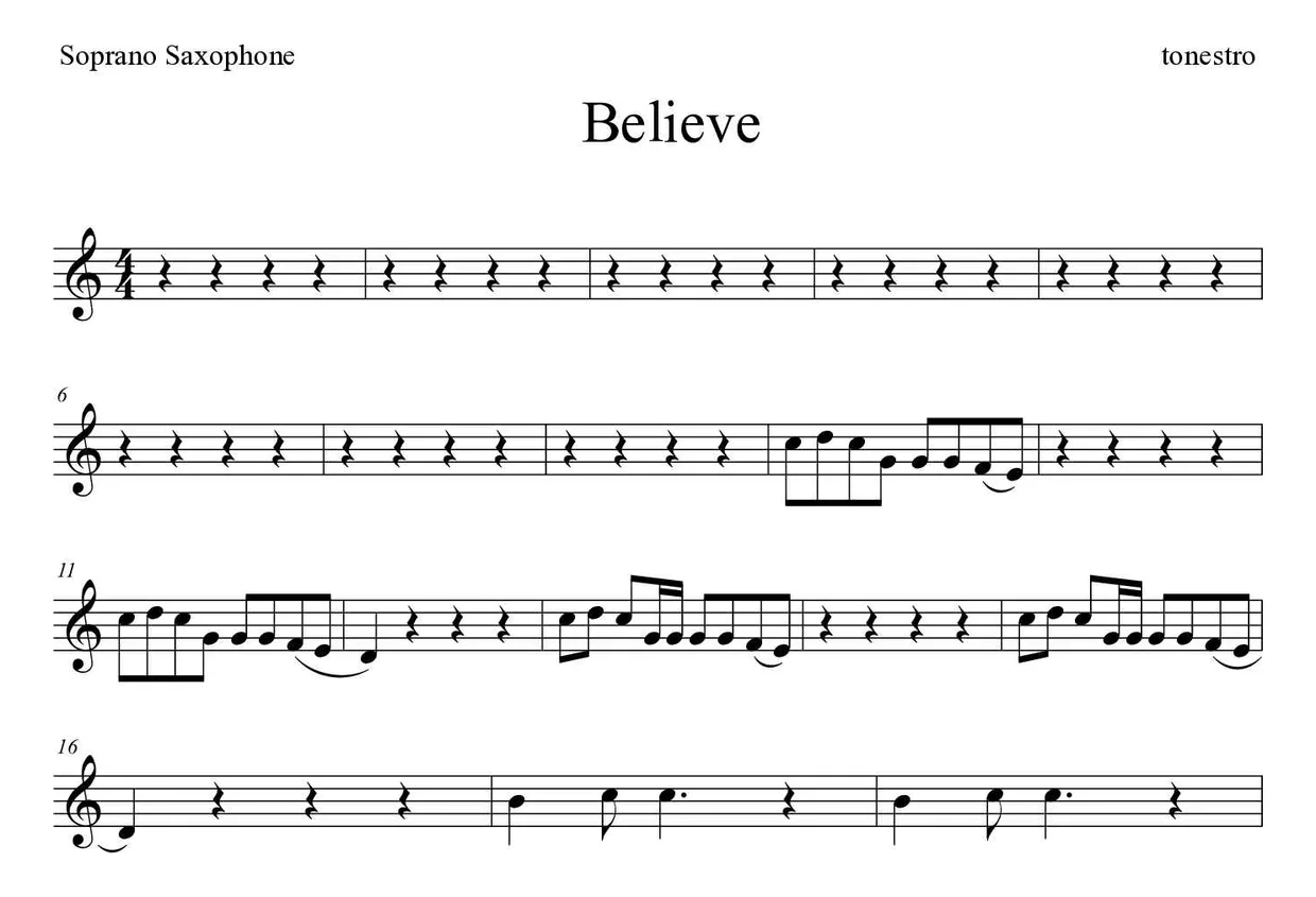 「Believe」Soprano Saxophone用楽譜の最初の数段