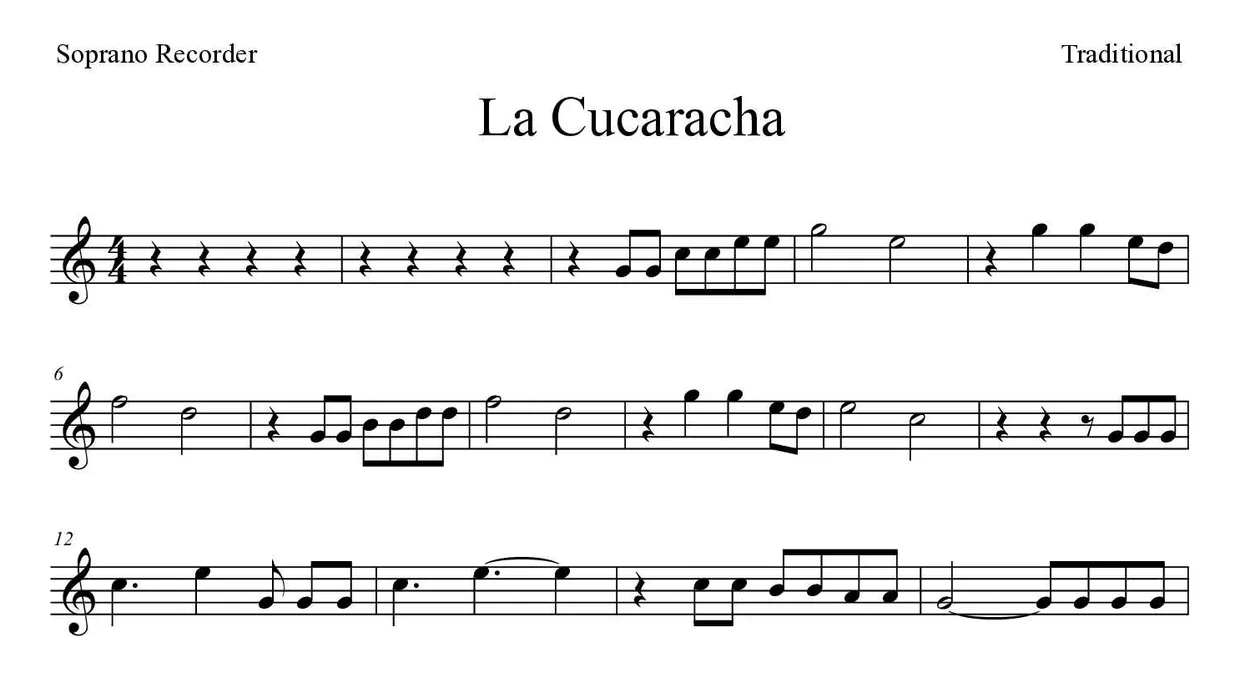 Partitura de La Cucaracha para flauta dulce, primeras líneas