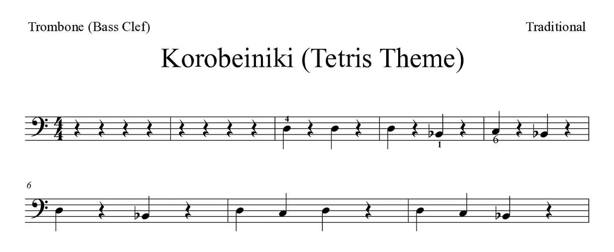 Noten von Korobeiniki (Tetris Theme) für Posaune (Einfach), erste Zeilen