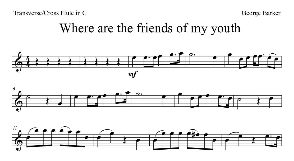 Partition de Where are the friends of my youth pour fflûte traversière, premières lignes