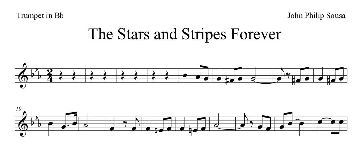 Sheet music of The Stars and Stripes Forever for trumpet in Bb (Medium), first lines