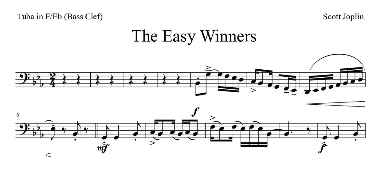 Partitura de The Easy Winners para tuba em Fá/Mib (clave de Fa), primeiras linhas
