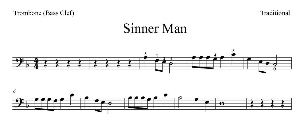 「Sinner Man」Trombone用楽譜の最初の数段