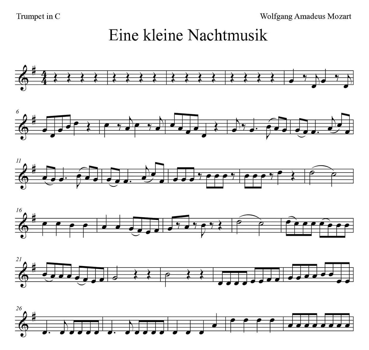 Spartito di Eine kleine Nachtmusik per trumpet in C, prime righe
