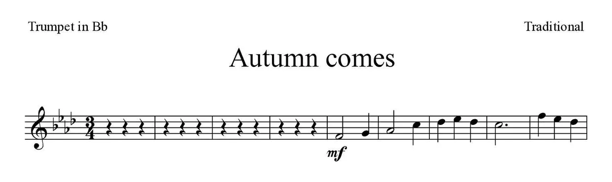 ‘Autumn comes’ Trumpet in Bb 악보의 첫 몇 줄