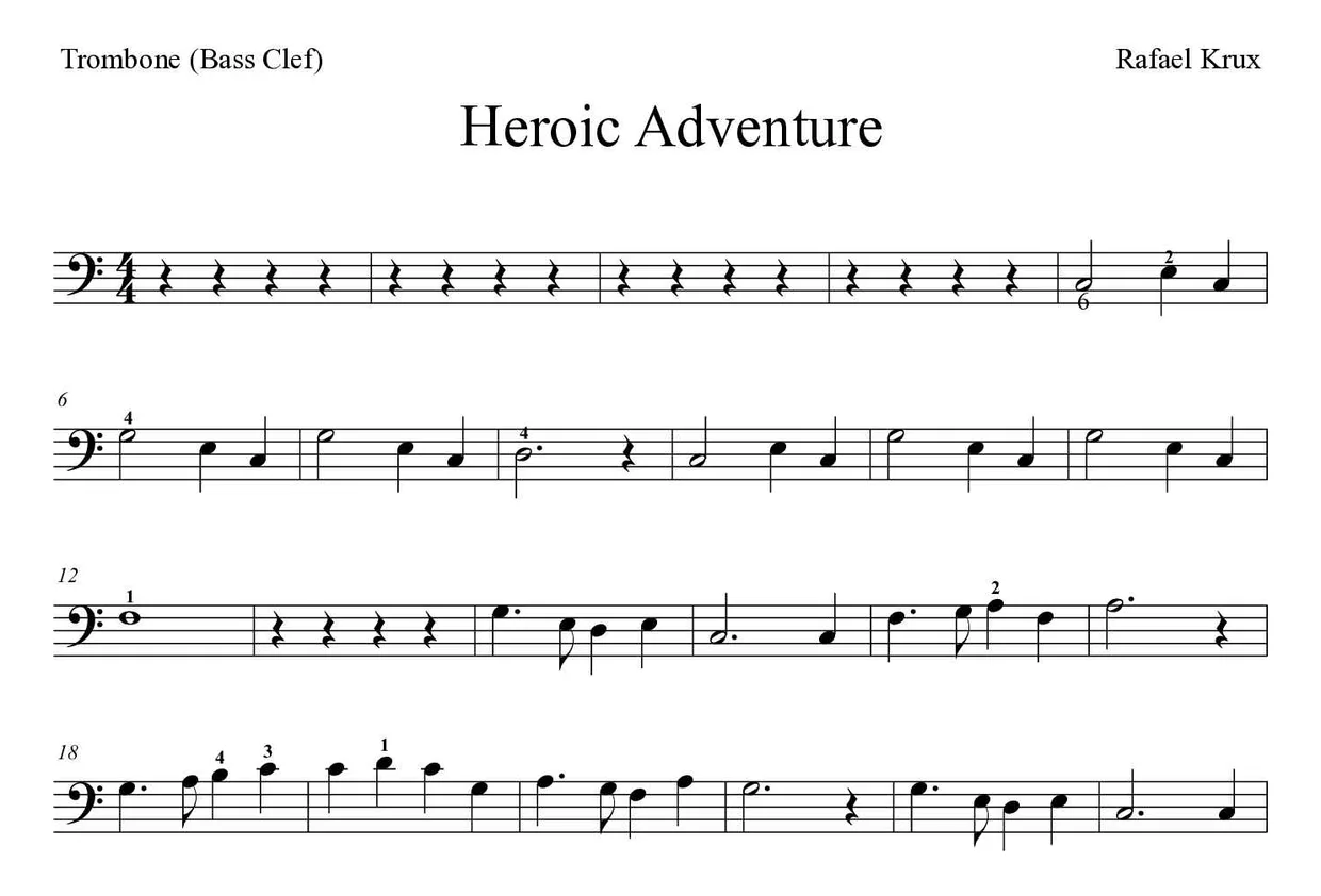 Partitura de Heroic Adventure para trombone, primeiras linhas