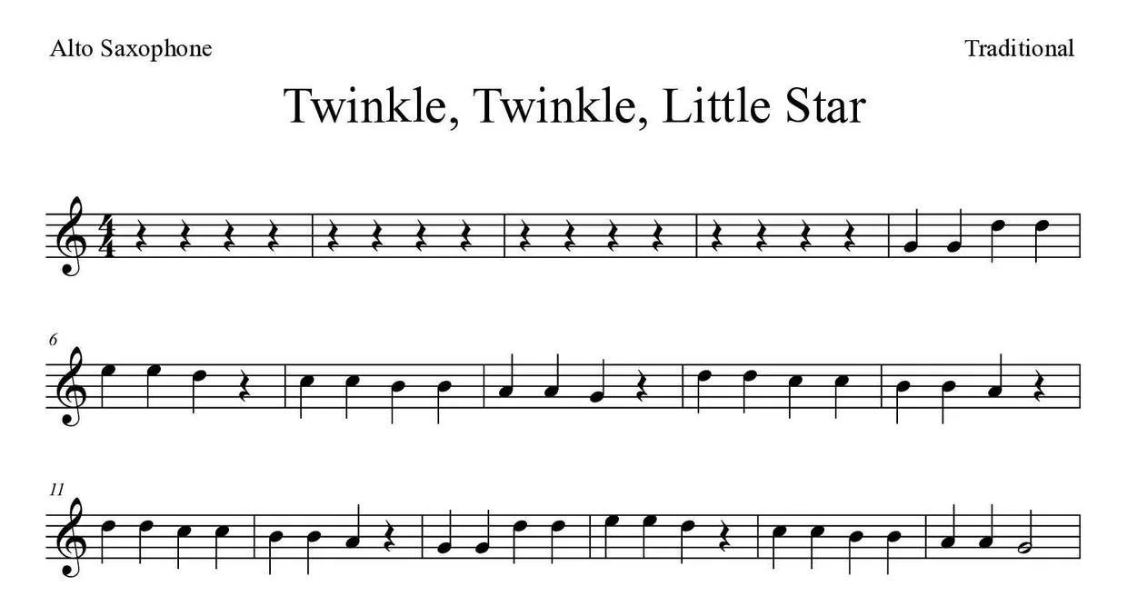 Bladmuziek van Twinkle, Twinkle, Little Star voor alto saxophone, eerste regels