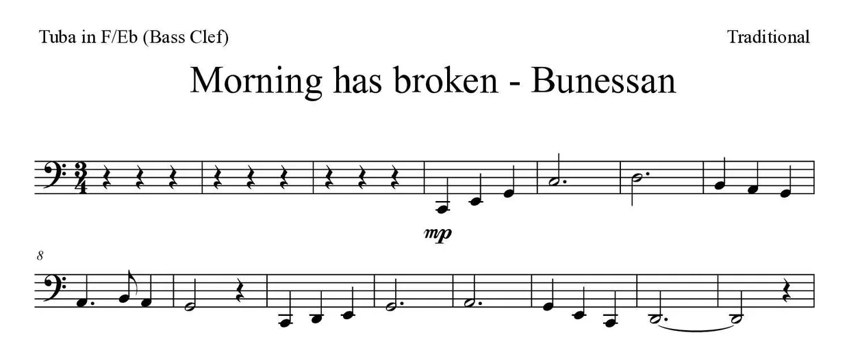 ‘Morning has broken - Bunessan’ Tuba in F/Eb (Bass Clef) 악보의 첫 몇 줄