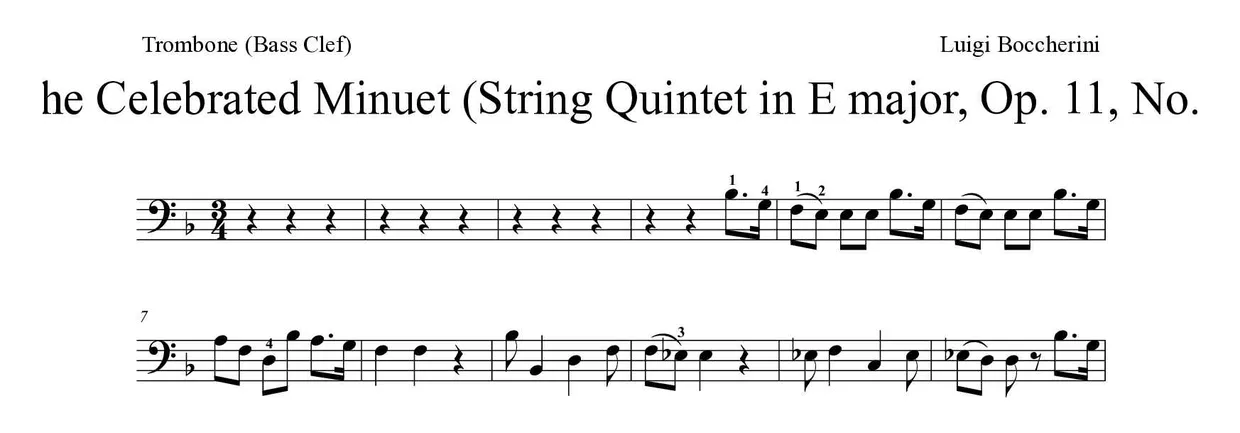 Sheet music of The Celebrated Minuet (String Quintet in E major, Op. 11, No. 5) for trombone (Medium), first lines