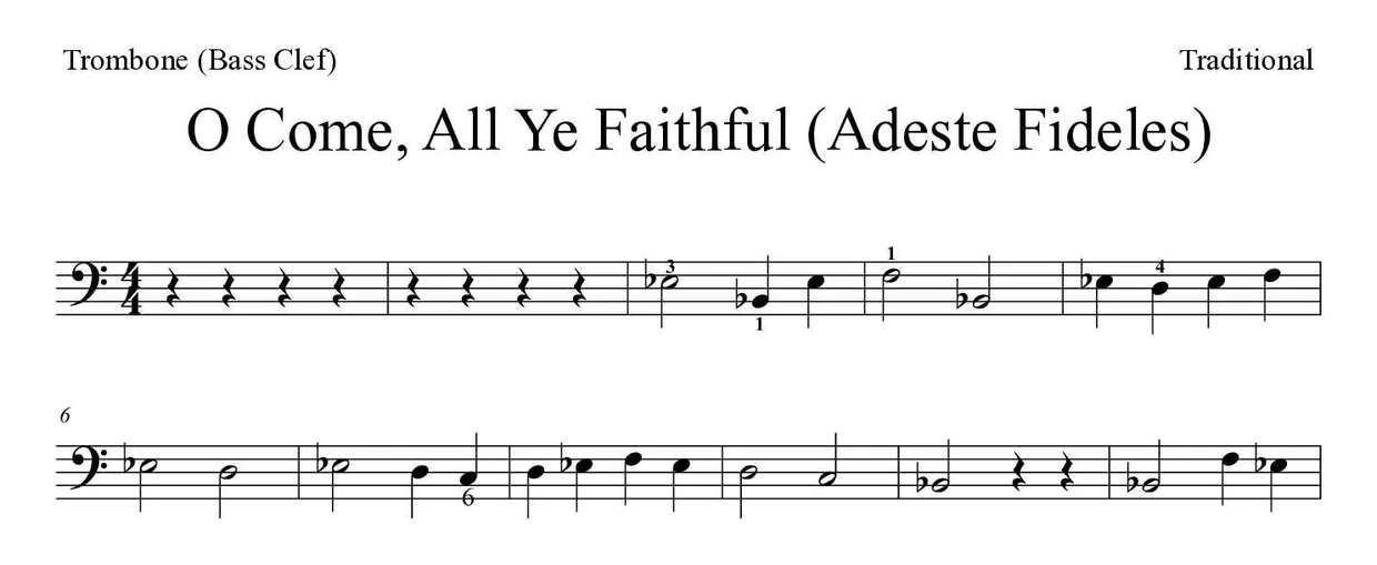 ‘O Come, All Ye Faithful (Adeste Fideles)’ Trombone 악보의 첫 몇 줄