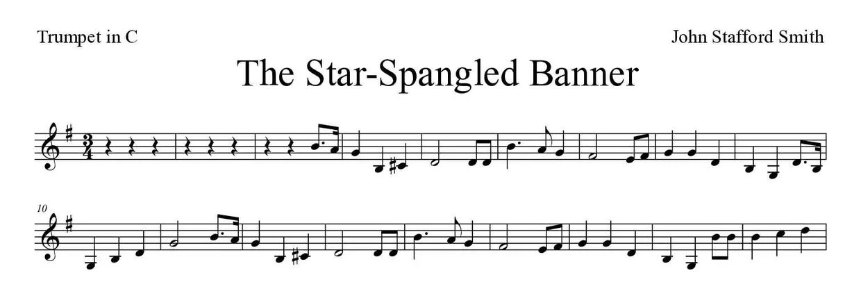 ‘The Star-Spangled Banner’ Trumpet in C 악보의 첫 몇 줄