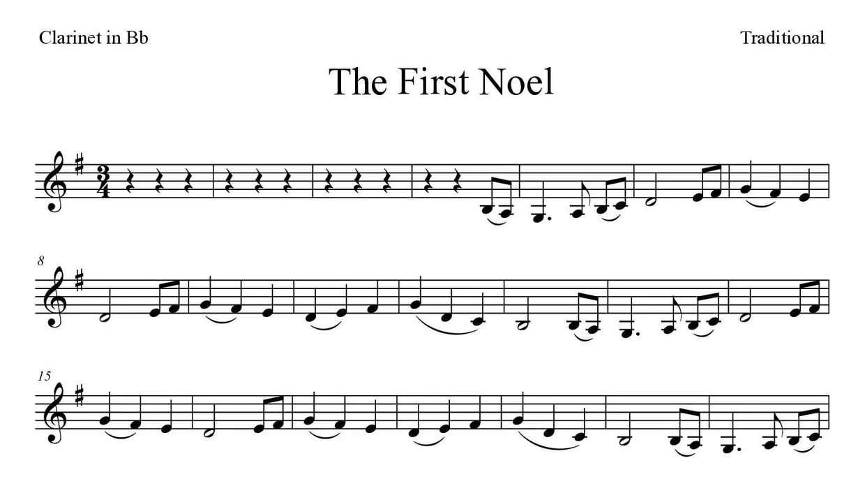 Partitura de The First Noel para clarinete, primeras líneas