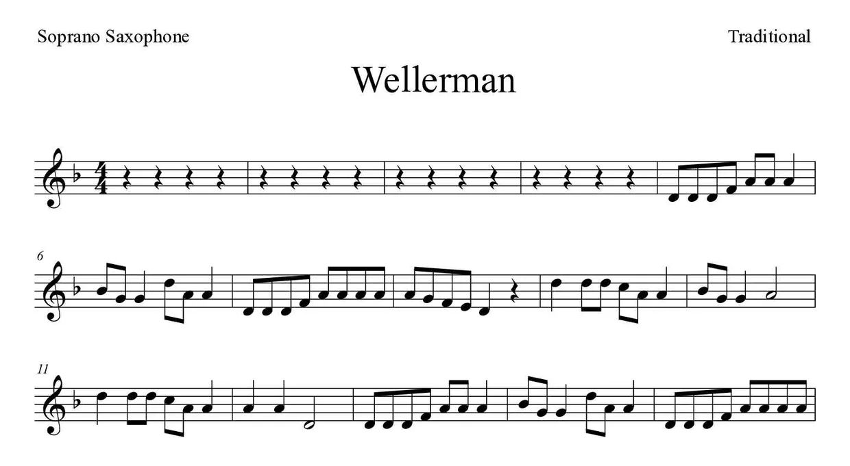 Sheet music of Wellerman for soprano saxophone (Medium), first lines