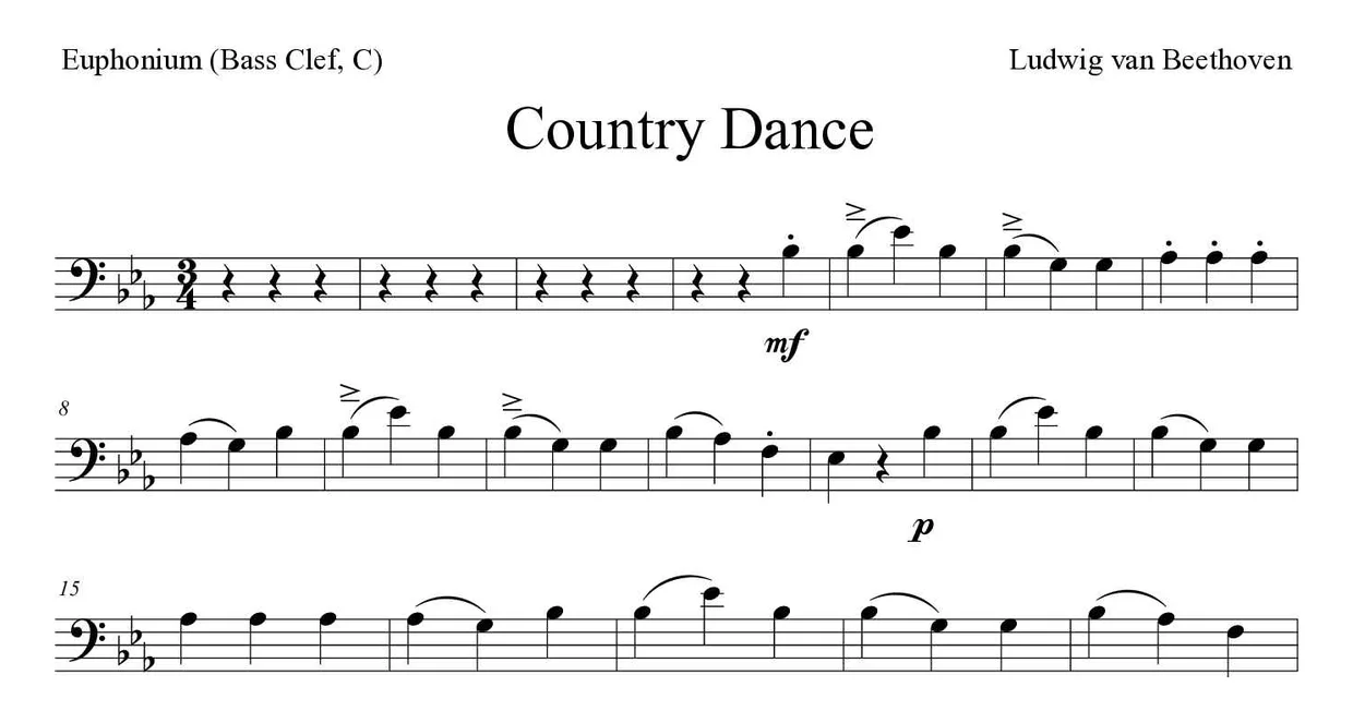 「Country Dance」Euphonium (Bass Clef, C)用楽譜の最初の数段