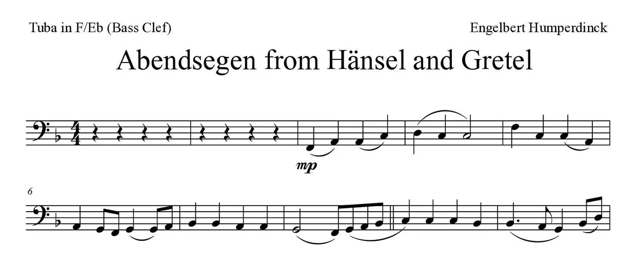 Bladmuziek van Abendsegen from Hänsel and Gretel voor tuba in F/Eb (bass clef), eerste regels