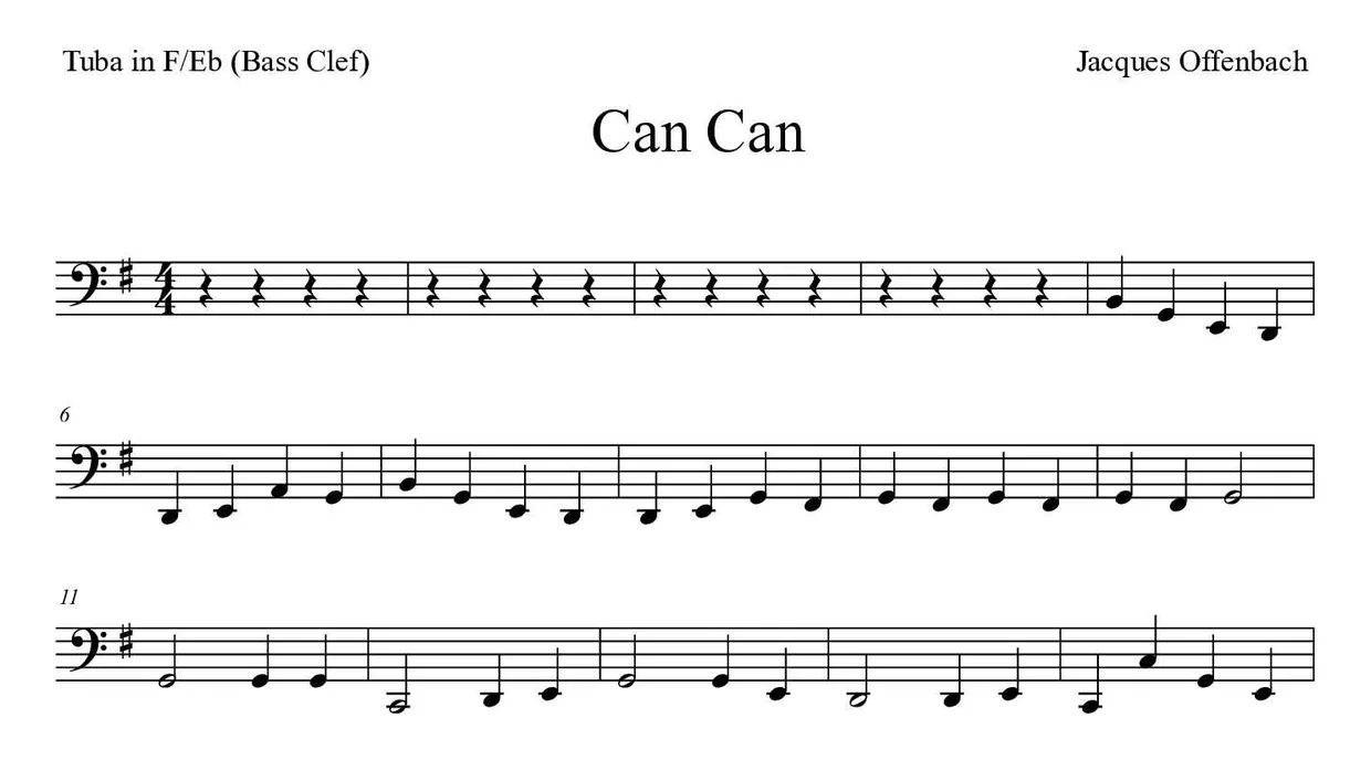 Partitura de Can Can para tuba en Fa/Mib (clave de Fa), primeras líneas