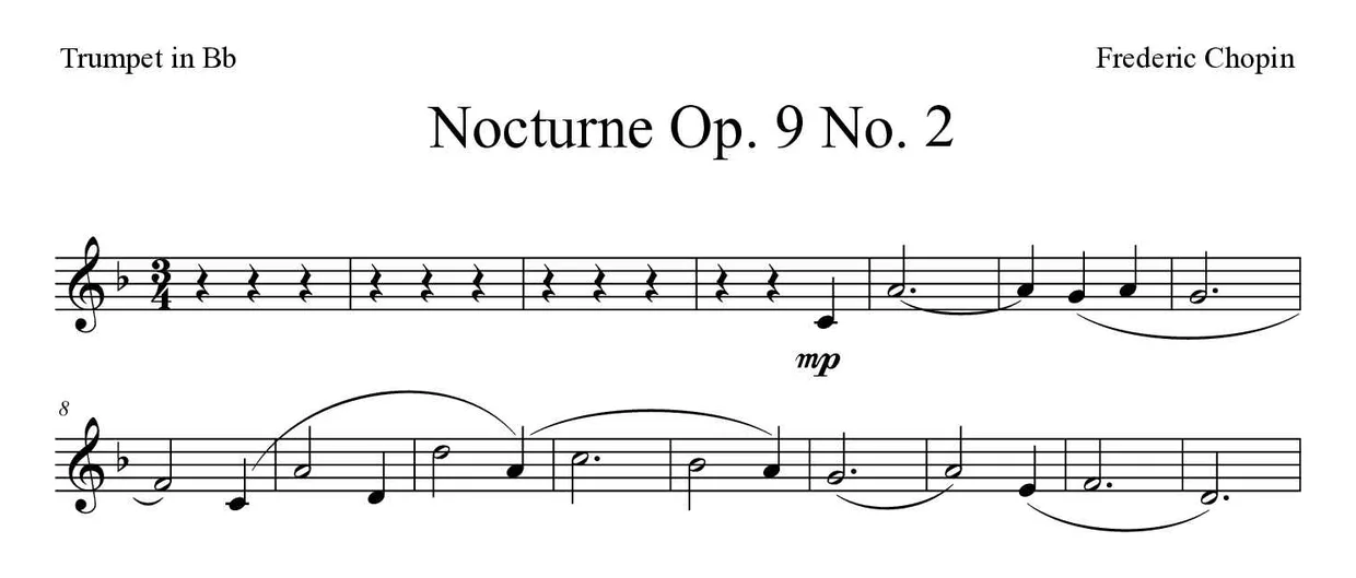 Noten von Nocturne Op. 9 No. 2 für Trompete in B (Schwer), erste Zeilen
