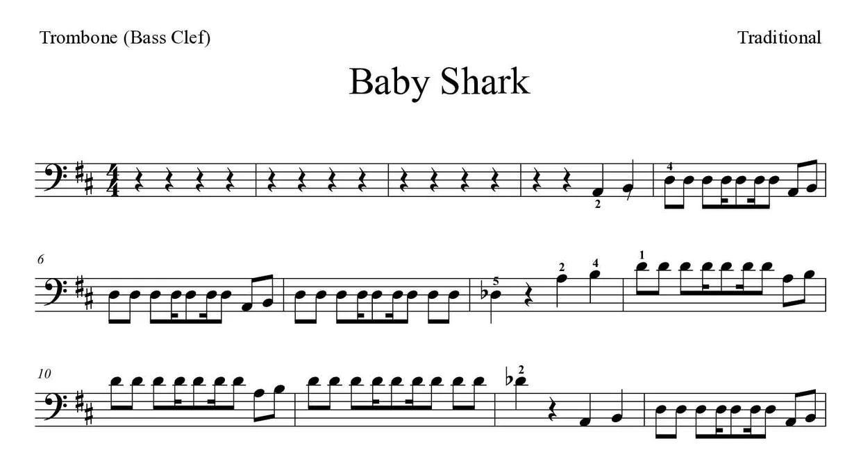 Partition de Baby Shark pour trombone, premières lignes