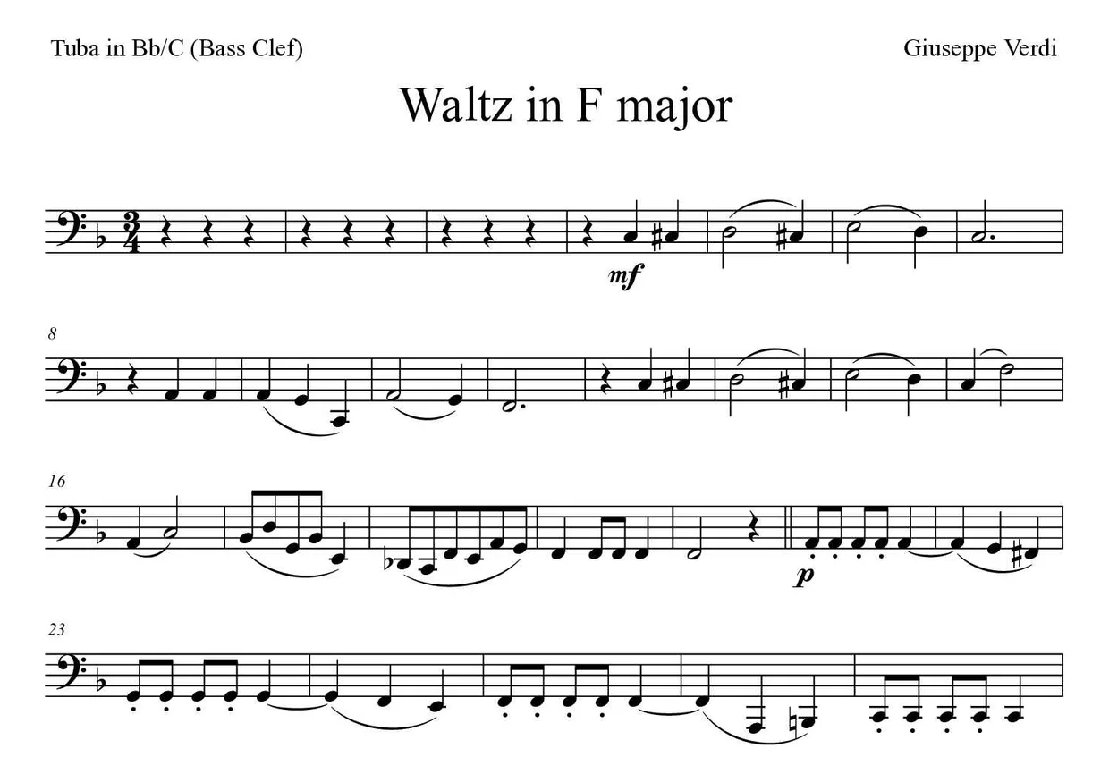 《Waltz in F major》降B/C调大号（低音谱号）乐谱前几行