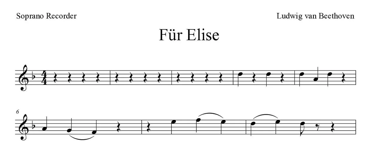 Partitura de Für Elise para flauta de bisel, primeiras linhas